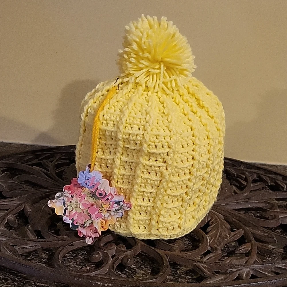 Handmade pom-pom hat beanie with fleece lining at ears crochet